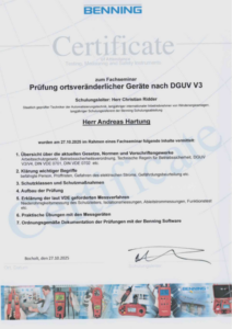 DGUV V3 Zertifikat ortsveränderlicher Geräte Andreas Hartung