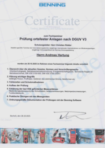 DGUV V3 Zertifikat ortsfester Anlagen Andreas Hartung